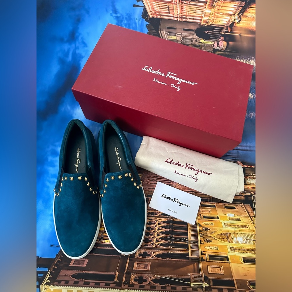 Salvadore Ferragamo Slip on Sneakers Studded Shoes Spargi Turquoise teal $525